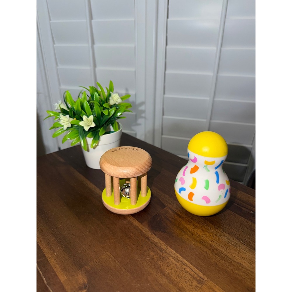 Lovevery Baby Wooden Bell Cage Rattle and Wobbler Sensory Toy Set Multi Color